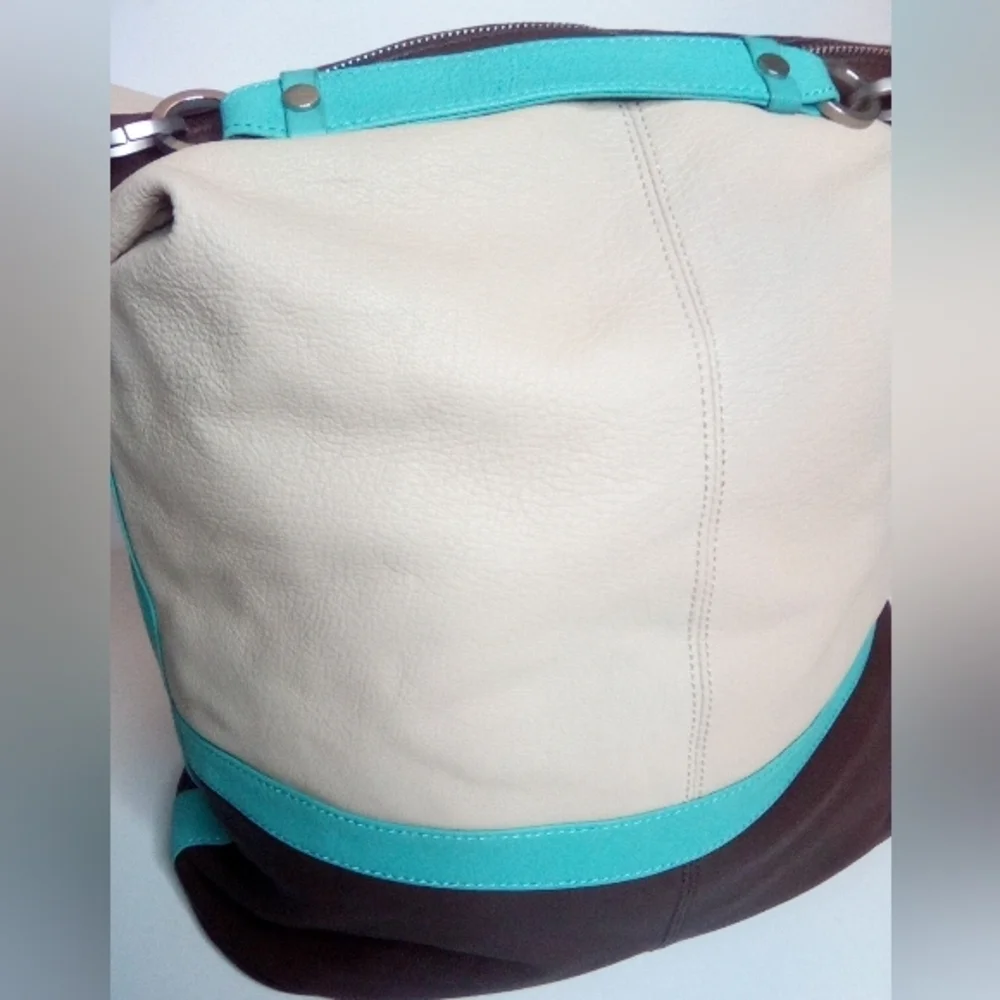 Kenneth Cole Women's Cream, Brown & Teal Hobo Handbag, Preowned, Genuine Leather